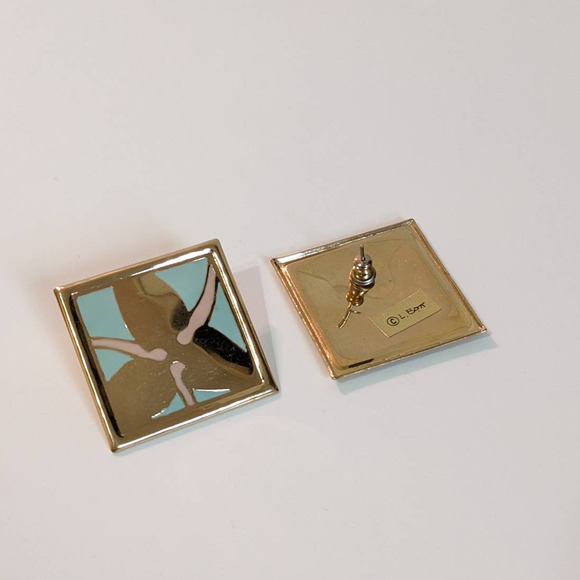 Vintage 80s Statement Earrings Large Gold Tone Metal Enamel Square Signed L Bott - Picture 5 of 7